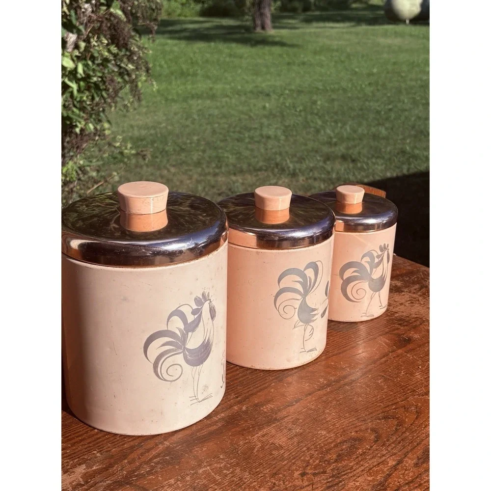 Vintage Set Of 3 Ransburg  Indianapolis Metal Canisters Rooster Pink Copper Nest